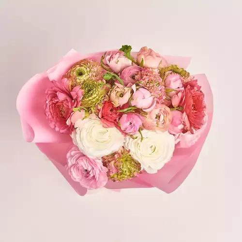 Product image Bouquet 25 Ranunculuses mix, packaging: Pink, vendor code: 3302