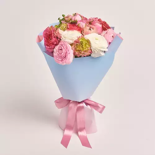 Product image Bouquet 25 Ranunculuses mix, packaging: Gradiens light blue, vendor code: 3302