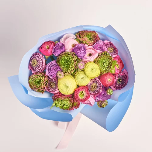 Product image Bouquet 25 Ranunculuses mix, packaging: Gradiens light blue, vendor code: 3302