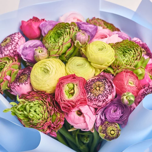 Product image Bouquet 25 Ranunculuses mix, packaging: Gradiens light blue, vendor code: 3302