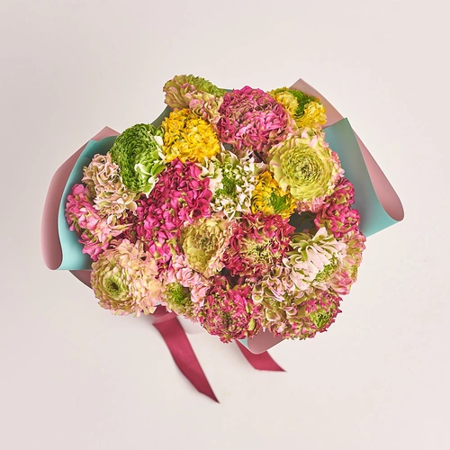 Product image Bouquet 25 Ranunculuses Ponpon mix, packaging: Gradiens tiffany, vendor code: 3305