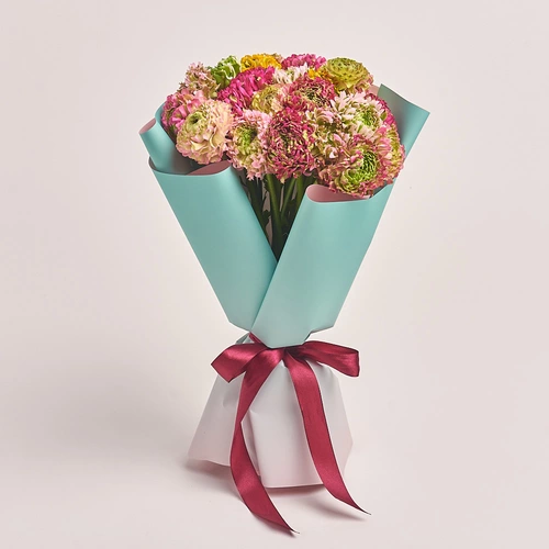 Product image Bouquet 25 Ranunculuses Ponpon mix, packaging: Gradiens tiffany, vendor code: 3305