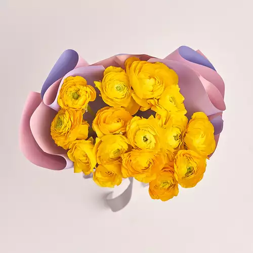 Product image Bouquet 15 Yellow Ranunculuses, packaging: Gradiens violet, vendor code: 3307