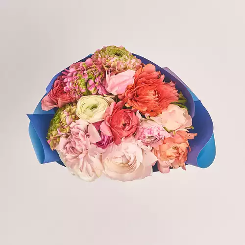 Изображение товара Букет 15 Ранункулюсов микс, упаковка: Градиент синий, артикул: 3315