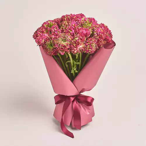 Product image Bouquet 25 Crimson Ranunculuses Ponpon Bicolor, packaging: Coral, vendor code: 3318