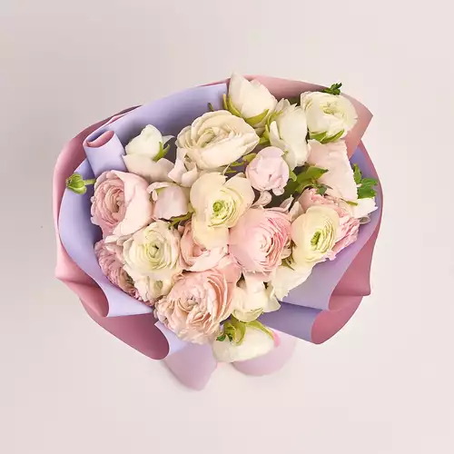 Product image Bouquet 25 Pale Pink Ranunculuses mix, packaging: Gradiens violet, vendor code: 3327