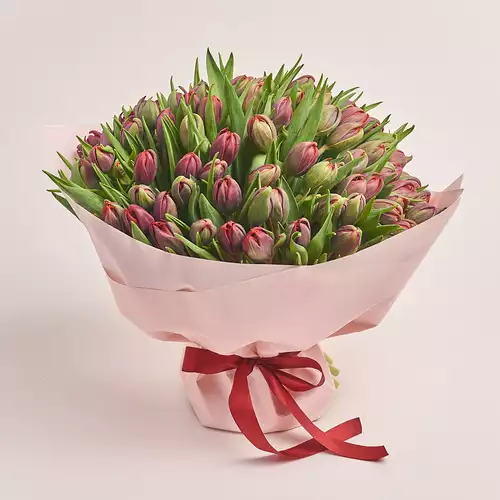 Product image Bouquet 101 Red Peony tulips, packaging: Composite light pink, vendor code: 3330