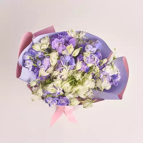 Product image Bouquet 15 Delphiniums Мix, packaging: Gradiens violet, vendor code: 3334
