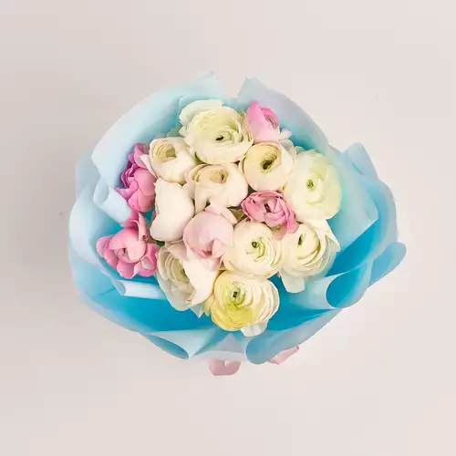 Product image Bouquet 15 Pale Pink Ranunculuses mix, packaging: Blue, vendor code: 3339