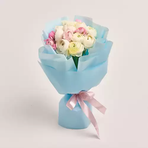 Product image Bouquet 15 Pale Pink Ranunculuses mix, packaging: Blue, vendor code: 3339