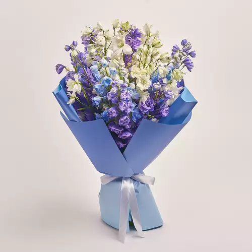 Product image Bouquet 25 Delphiniums mix, packaging: Gradiens blue, vendor code: 3340