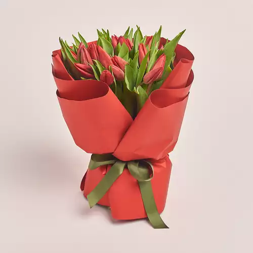 Product image Bouquet 25 Tulips Strong love, packaging: Red, vendor code: 3374