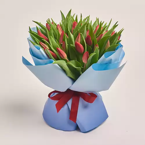 Product image Bouquet 51 Tulips Strong love, packaging: Gradiens blue, vendor code: 3375