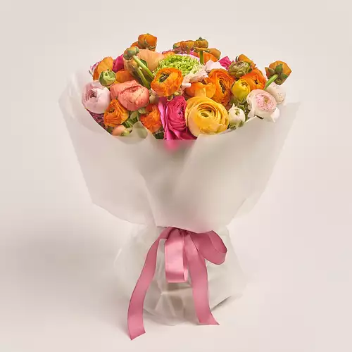 Product image Bouquet 51 Ranunculuses Pastel mix, packaging: Transparent, vendor code: 3391