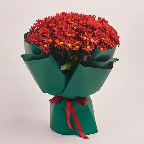 Product image Bouquet of 25 Red Chrysanthemums, packaging: Green, vendor code: 3393