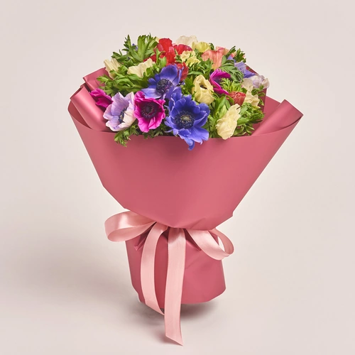 Product image Bouquet of 25 Аnemones mix, packaging: Coral, vendor code: 3401