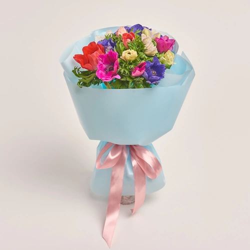 Product image Bouquet of 15 Аnemones mix, packaging: Blue, vendor code: 3402