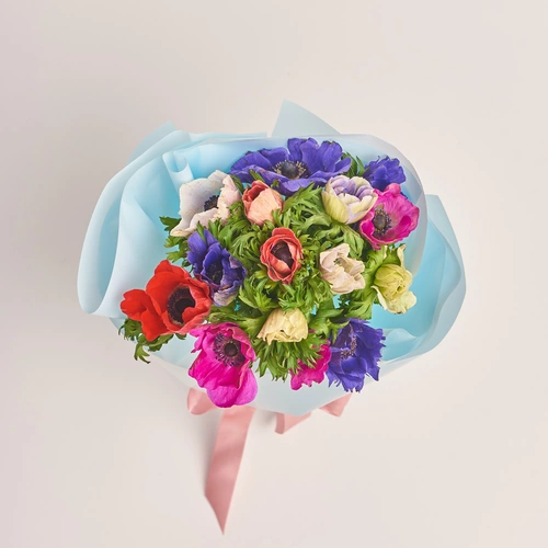 Product image Bouquet of 15 Аnemones mix, packaging: Blue, vendor code: 3402