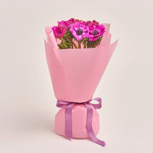 Product image Bouquet of 9 Crimson Аnemones, packaging: Pink, vendor code: 3405