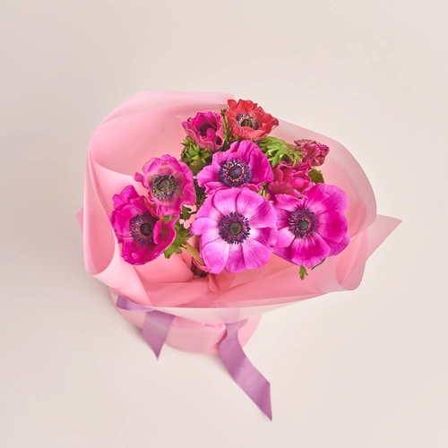 Product image Bouquet of 9 Crimson Аnemones, packaging: Pink, vendor code: 3405