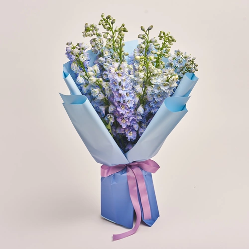 Product image Bouquet of 15 Delphiniums tender Мix, packaging: Gradiens blue, vendor code: 3406