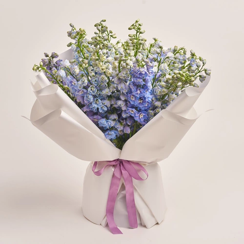 Product image Bouquet of 25 Delphiniums tender mix, packaging: White, vendor code: 3407