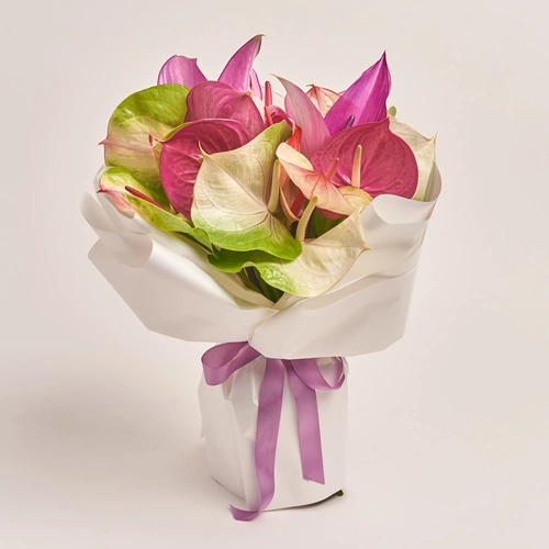 Product image Bouquet of 25 Аnthuriums mix, packaging: White, vendor code: 3408