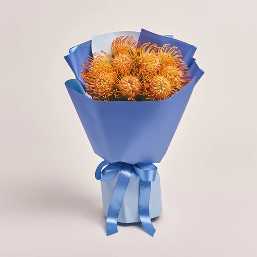 Product image Bouquet of 9 Leucospermums, packaging: Gradiens blue, vendor code: 3436