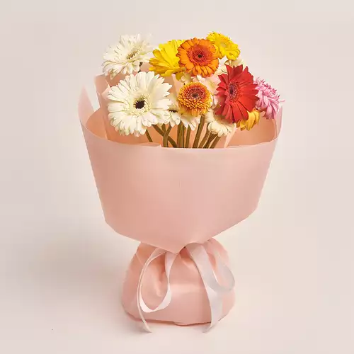 Product image Bouquet of 15 Gerberas mix, packaging: Kafin rose, vendor code: 3448