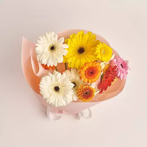 Product image Bouquet of 15 Gerberas mix, packaging: Kafin rose, vendor code: 3448