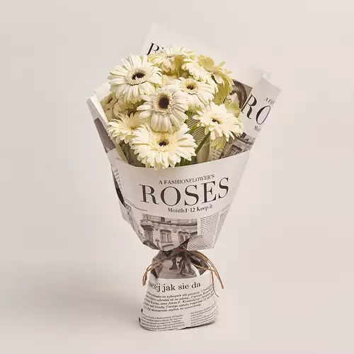 Product image Bouquet of 15 White Gerberas, packaging: Newspaper, vendor code: 3449