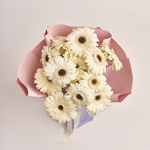 Product image Bouquet of 15 White Gerberas, packaging: Gradiens violet, vendor code: 3449