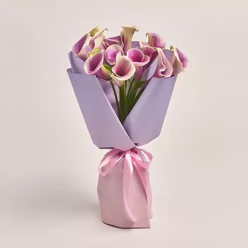 Product image Bouquet of 15 Callas Bicolour, packaging: Gradiens violet, vendor code: 3465