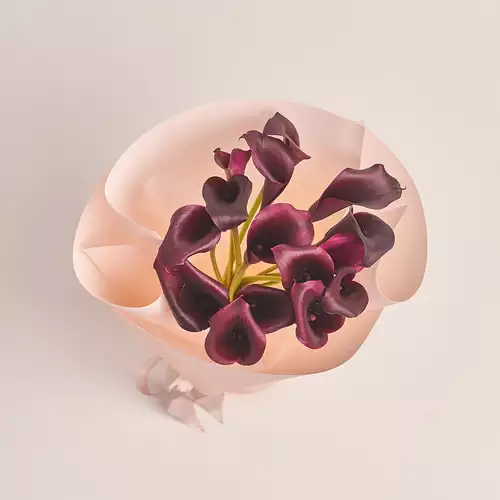 Product image Bouquet of 15 Purple Callas, packaging: Kafin rose, vendor code: 3467