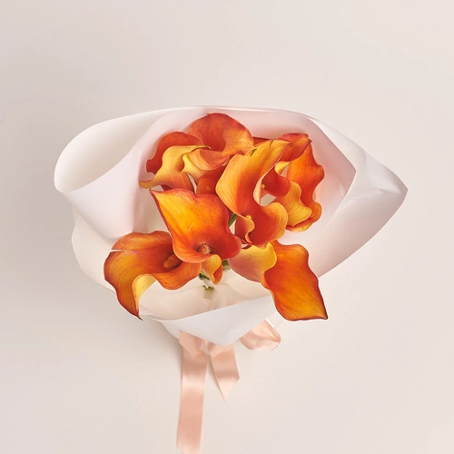 Product image Bouquet of 9 Orange Callas, packaging: White, vendor code: 3469