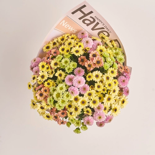 Product image Bouquet of 25 Chrysanthemums Santinі Mix, packaging: Newspaper, vendor code: 3470