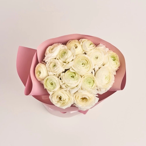 Зображення товару Букет 15 Білих Ранункулюсів, пакування: Градієнт рожевий, артикул: 3473