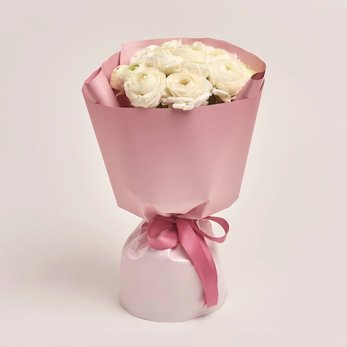 Product image Bouquet 15 White Ranunculuses, packaging: Gradiens pink, vendor code: 3473