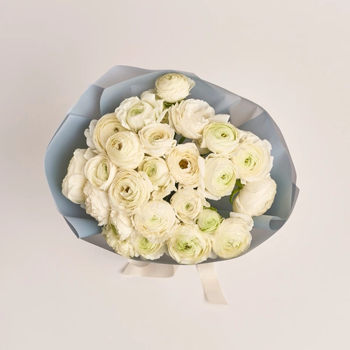 Product image Bouquet 25 White Ranunculuses, packaging: Gray, vendor code: 3475