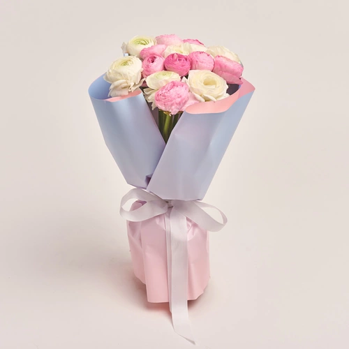 Product image Bouquet 15 Ranunculuses Doublecoloured mix, packaging: Gradiens light blue, vendor code: 3476