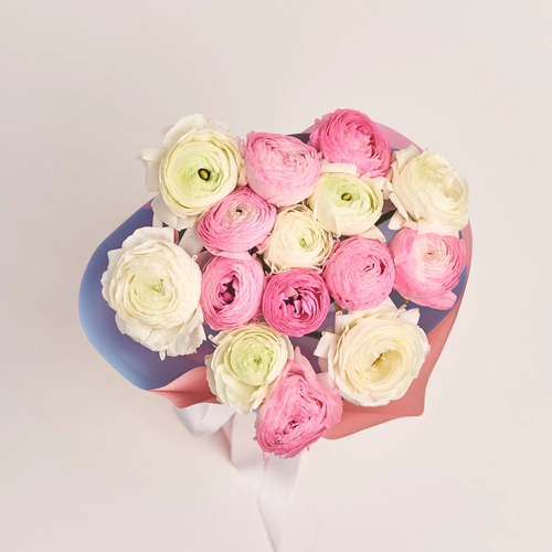Product image Bouquet 15 Ranunculuses Doublecoloured mix, packaging: Gradiens light blue, vendor code: 3476