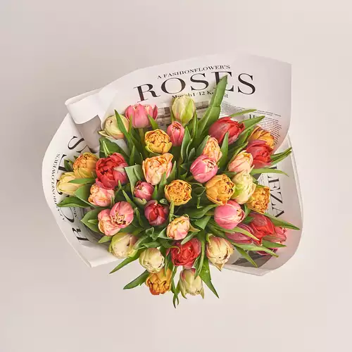 Product image Bouquet 35 Рeony tulips mix, packaging: Newspaper, vendor code: 3477