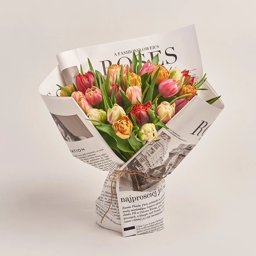 Product image Bouquet 35 Рeony tulips mix, packaging: Newspaper, vendor code: 3477