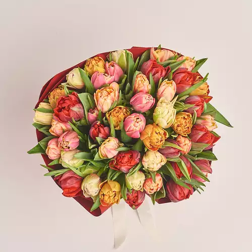Product image Bouquet 45 Рeony tulips mix, packaging: Red, vendor code: 3478