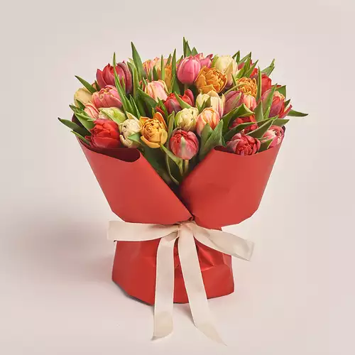 Product image Bouquet 45 Рeony tulips mix, packaging: Red, vendor code: 3478