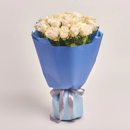 Product image Bouquet of 25 White Peony Roses, packaging: Gradiens blue, vendor code: 3485