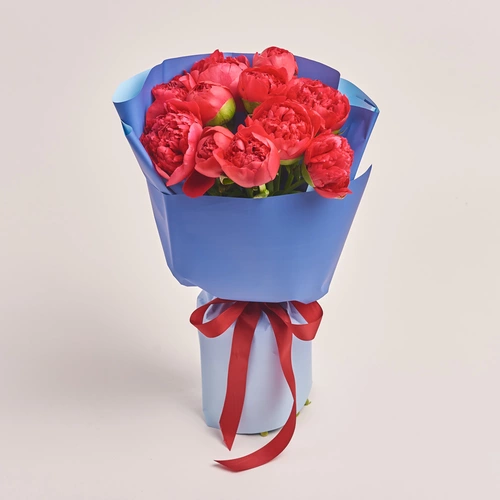 Product image Bouquet of 11 Crimson Peonies, packaging: Gradiens blue, vendor code: 3494