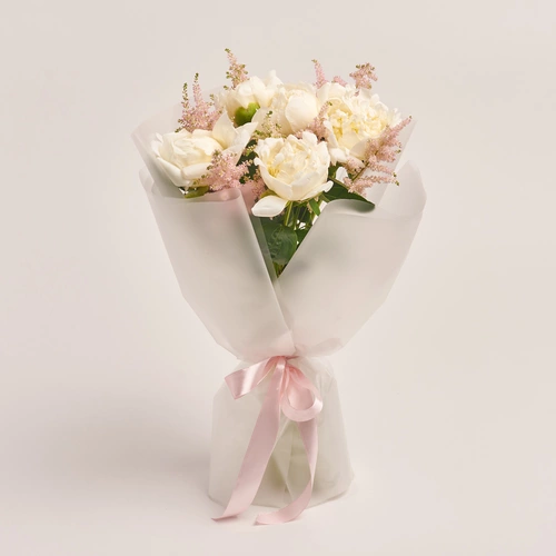 Product image Bouquet of 5 White Peonies and Astilbes, packaging: Transparent, vendor code: 3496