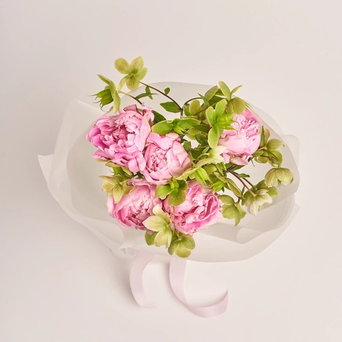 Product image Bouquet of 5 Pink Peonies and Helleboruses, packaging: Transparent, vendor code: 3497
