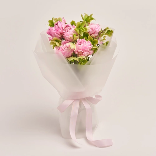 Product image Bouquet of 5 Pink Peonies and Helleboruses, packaging: Transparent, vendor code: 3497